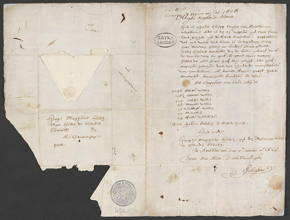 1626 Dutch handwritten historical letter with stamps Historical handwritten letter from 1626 with Dutch text, official stamps, and signatures on aged paper.