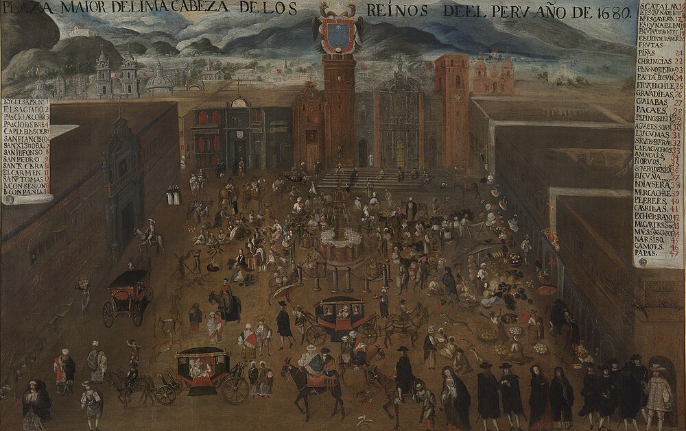 1680 Painting of Lima's Main Plaza with Market and People Historic 1680 painting of Lima's main plaza with colonial architecture, market vendors, carriages, and townspeople in traditional attire