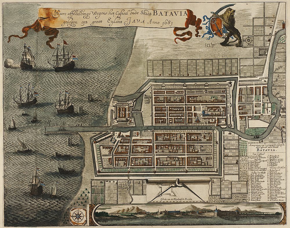 1681 Batavia city map with fort and ships Historic 1681 map of Batavia city on Java island showing fortifications, ships in harbor, and detailed street layout.