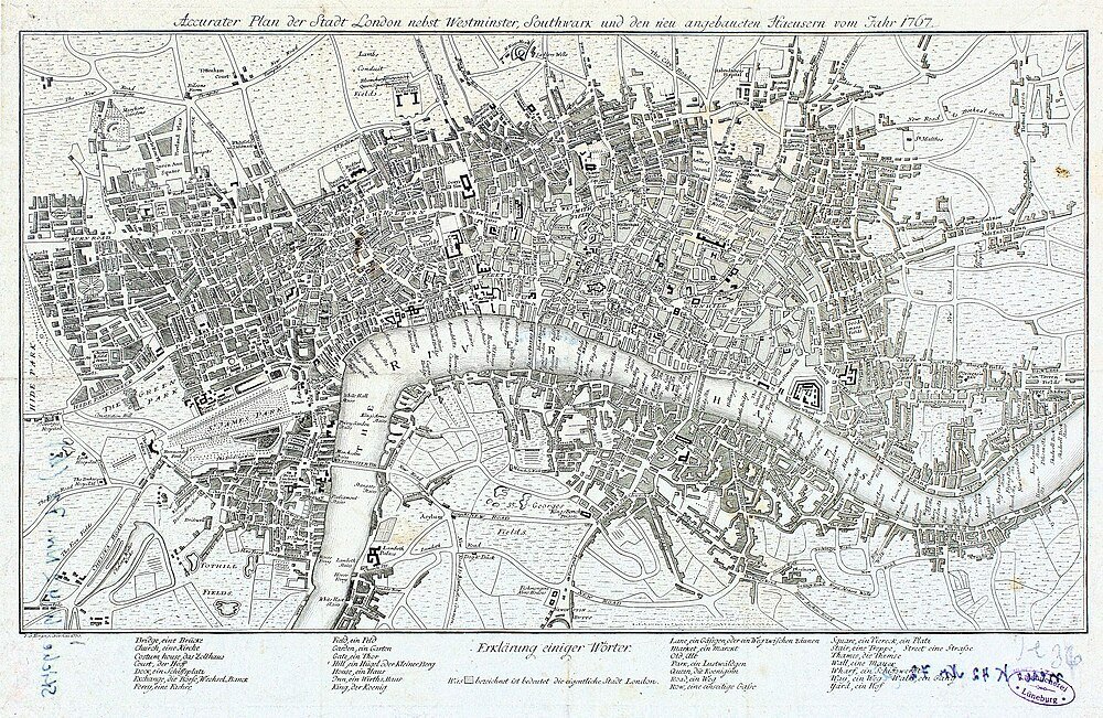 1767 Historical Map of London with Westminster and Southwark Detailed 1767 historical map of London showing Westminster, Southwark, and newly built houses along the River Thames