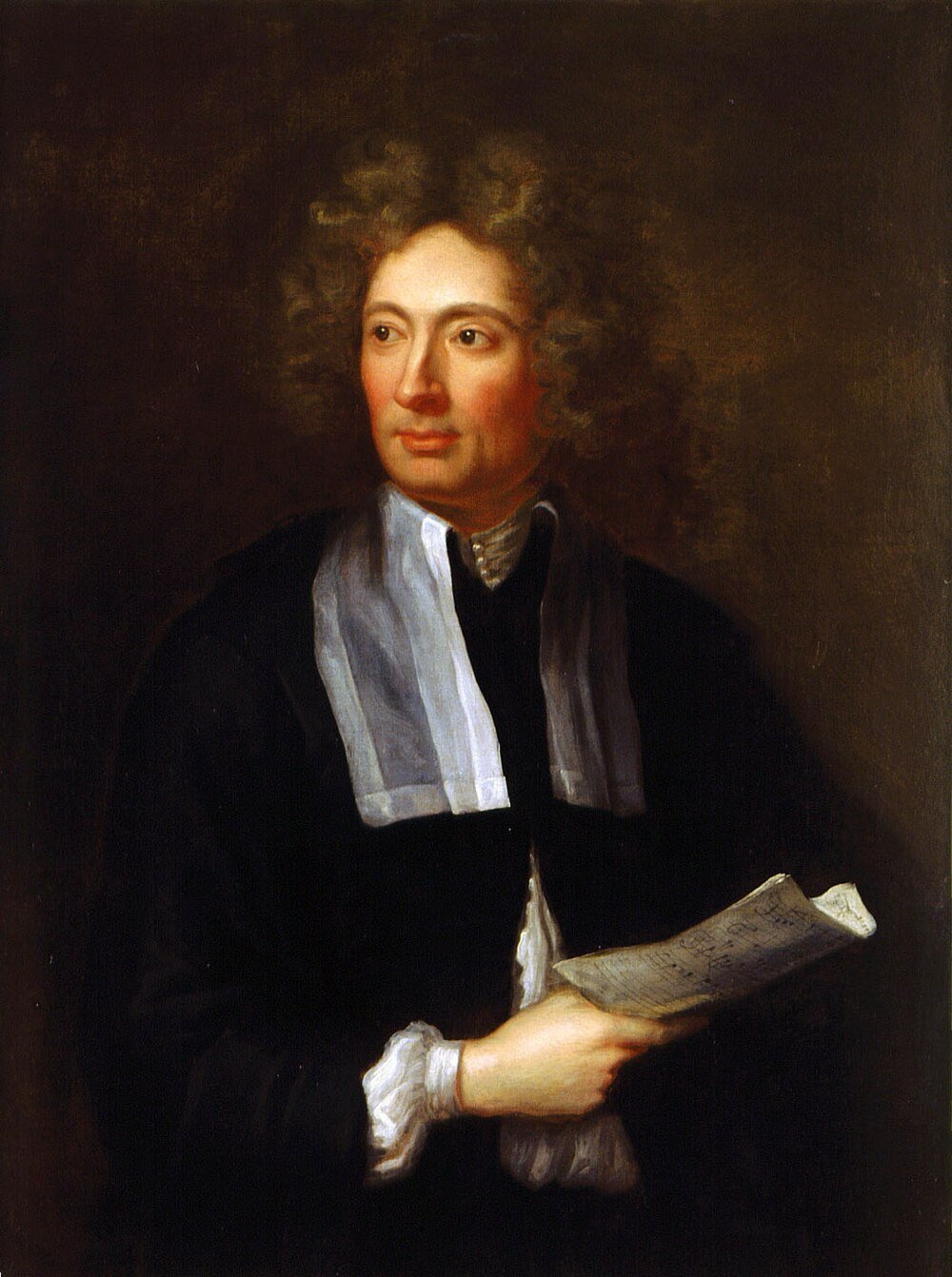 18th-century portrait of man holding sheet music Portrait of a man with curly hair holding sheet music, dressed in 18th-century formal attire with white collar and cuffs