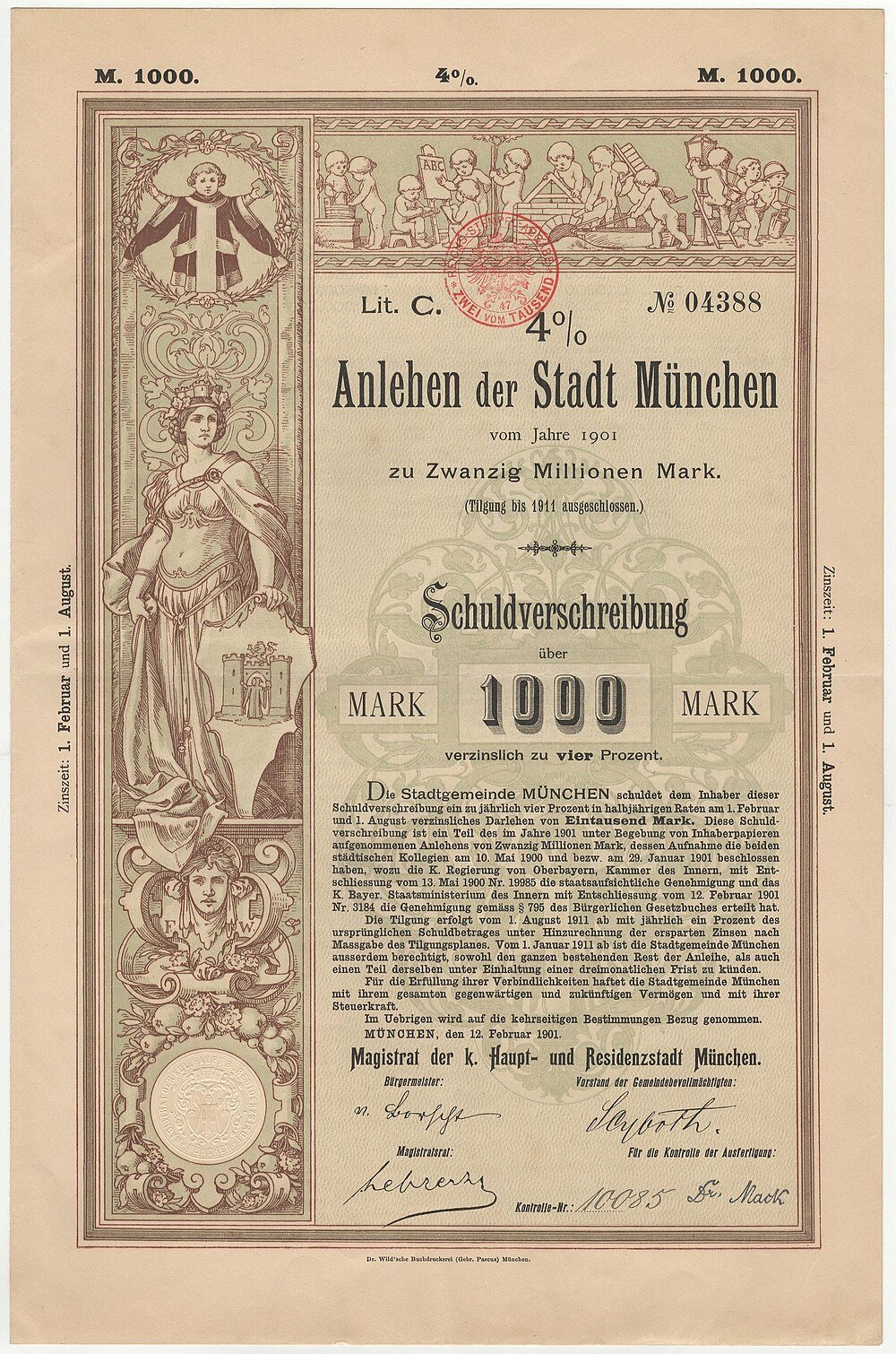 1901 Munich City Bond Certificate 1000 Marks Historic 1901 Munich city bond certificate for 1000 marks with 4% interest, detailed vintage design and official signatures.