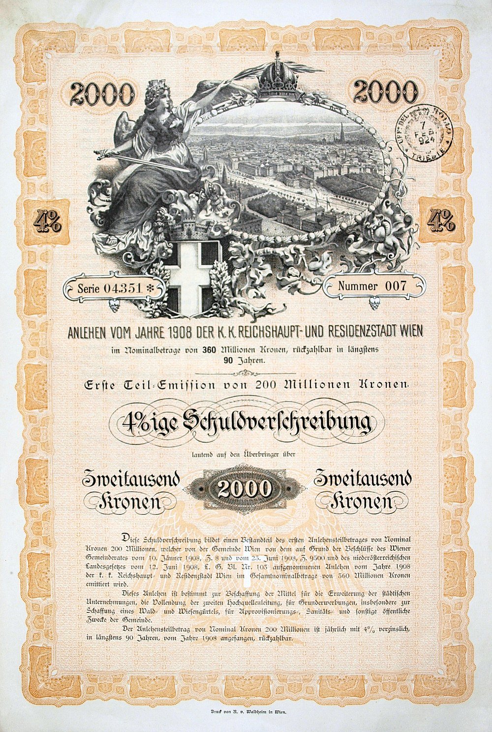 1908 Austrian 4% Bond Certificate Vienna Vintage 1908 Austrian bond certificate with ornate design, 4% interest, and cityscape illustration of Vienna