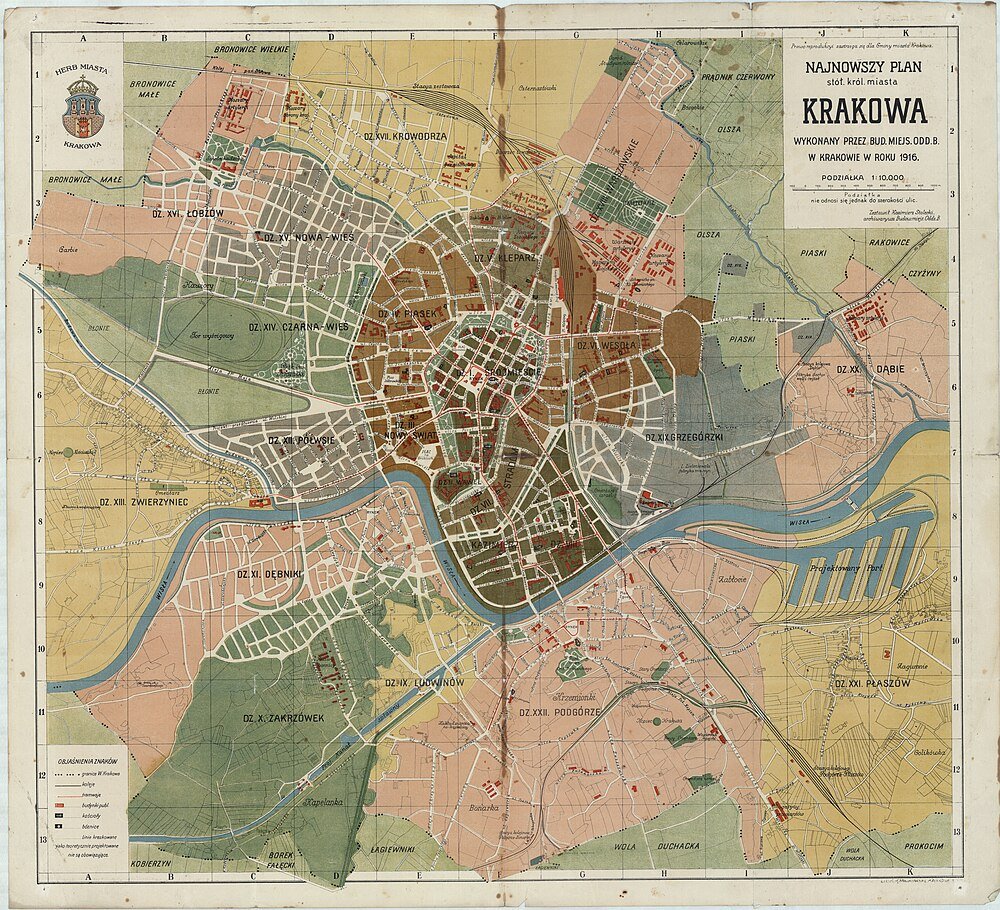 1916 Krakow City Map with Districts and Streets Detailed 1916 historical map of Krakow city districts with streets, parks, and landmarks in Poland