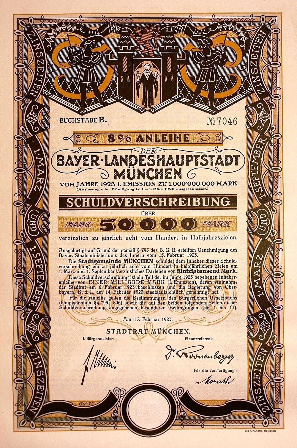 1923 Munich German Bond Certificate with 8% Interest 1923 German bond certificate from Munich with 8% interest, ornate design, and signatures, issued by Bayer Landeshauptstadt München.