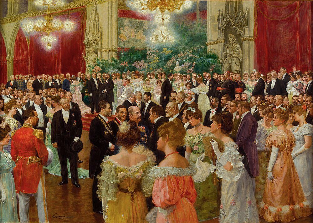 Elegant 19th-century ballroom scene with aristocrats in formal attire, chandeliers, and lavish decorations at a grand event