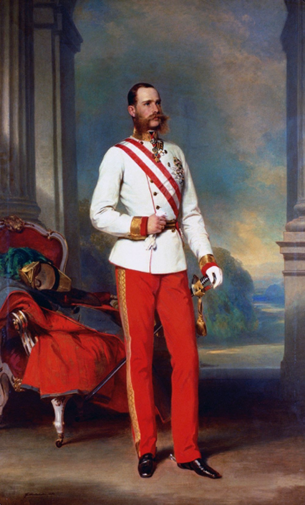 Portrait of a 19th-century European nobleman in military uniform with red trousers and white jacket, standing indoors.