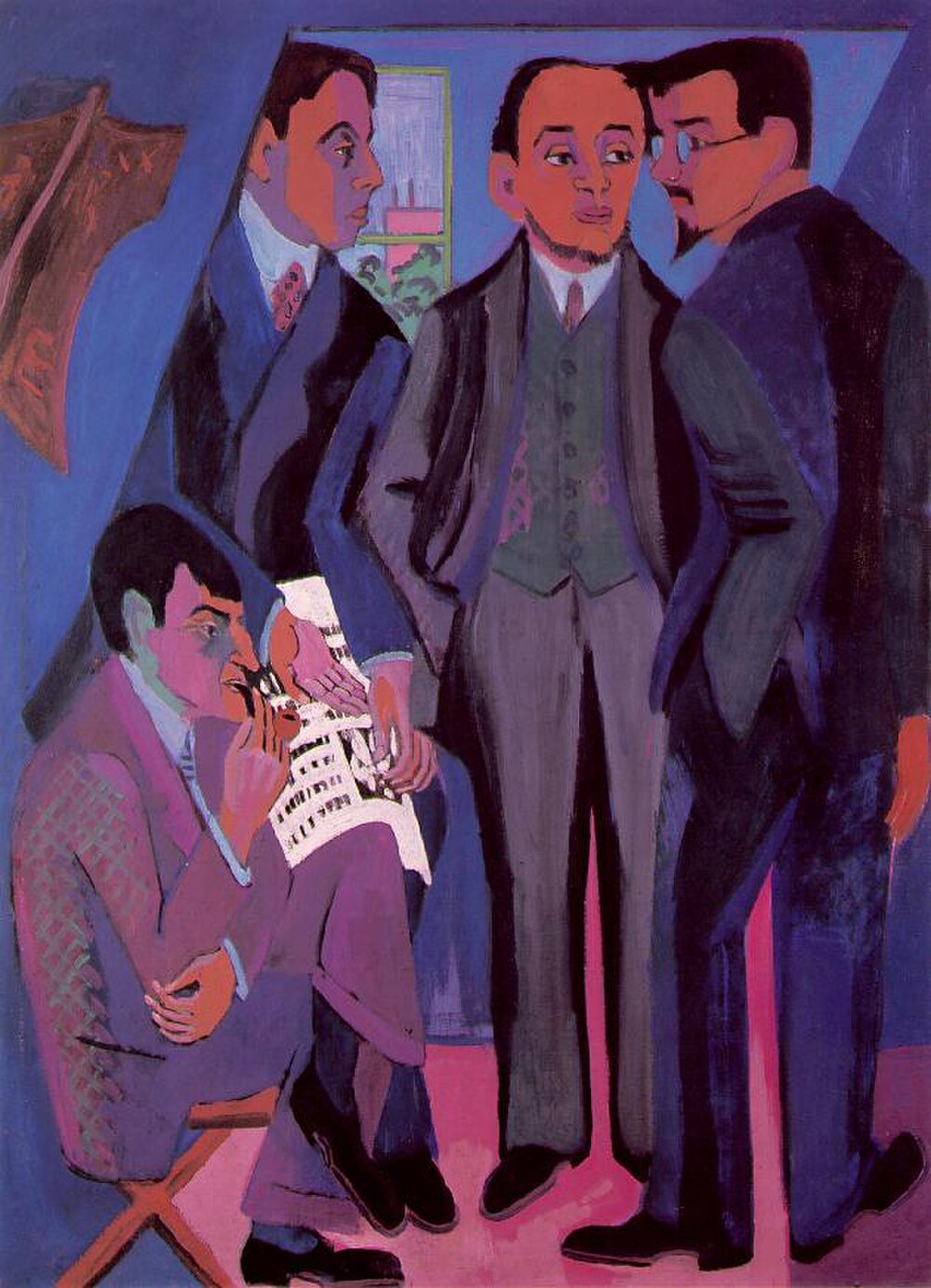 Abstract men in suits discussing sheet music Abstract painting of four men in suits engaged in discussion with sheet music, vibrant purple and blue tones