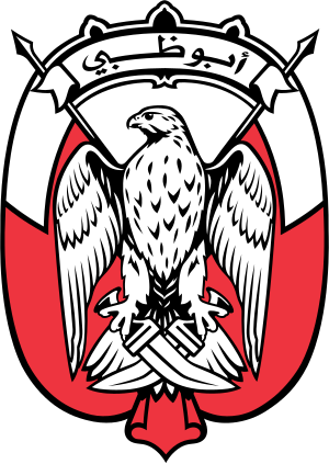 Emblem of Abu Dhabi featuring a falcon with crossed swords and Arabic script on a red and white shield background