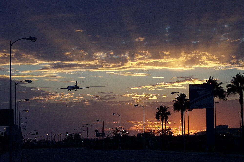 Airplane landing at sunset with palm trees Airplane landing at sunset with palm trees and streetlights along the road under a dramatic cloudy sky