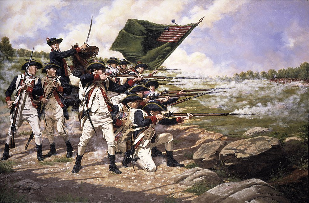 American Revolutionary War Soldiers Firing Muskets Historical painting of American Revolutionary War soldiers in uniform firing muskets with a flag in battle