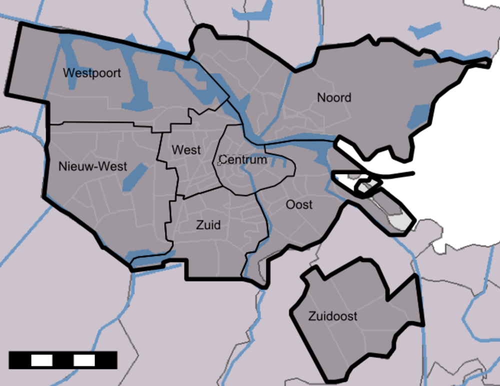 District map of Amsterdam city areas Map showing districts of Amsterdam including Westpoort, Noord, Centrum, West, Zuid, Oost, Nieuw-West, and Zuidoost