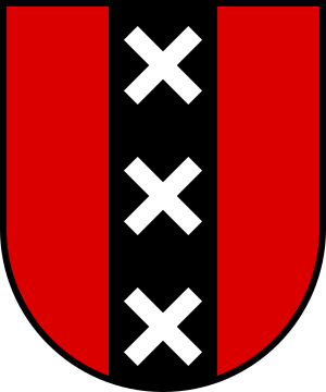 Amsterdam Coat of Arms with Three White Crosses Red shield with a vertical black stripe containing three white Saint Andrew's crosses, symbol of Amsterdam coat of arms