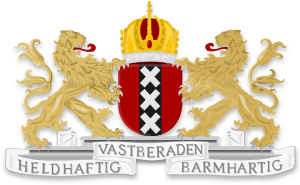 Coat of arms of Amsterdam with two golden lions, red shield, black and white crosses, and Dutch motto banner