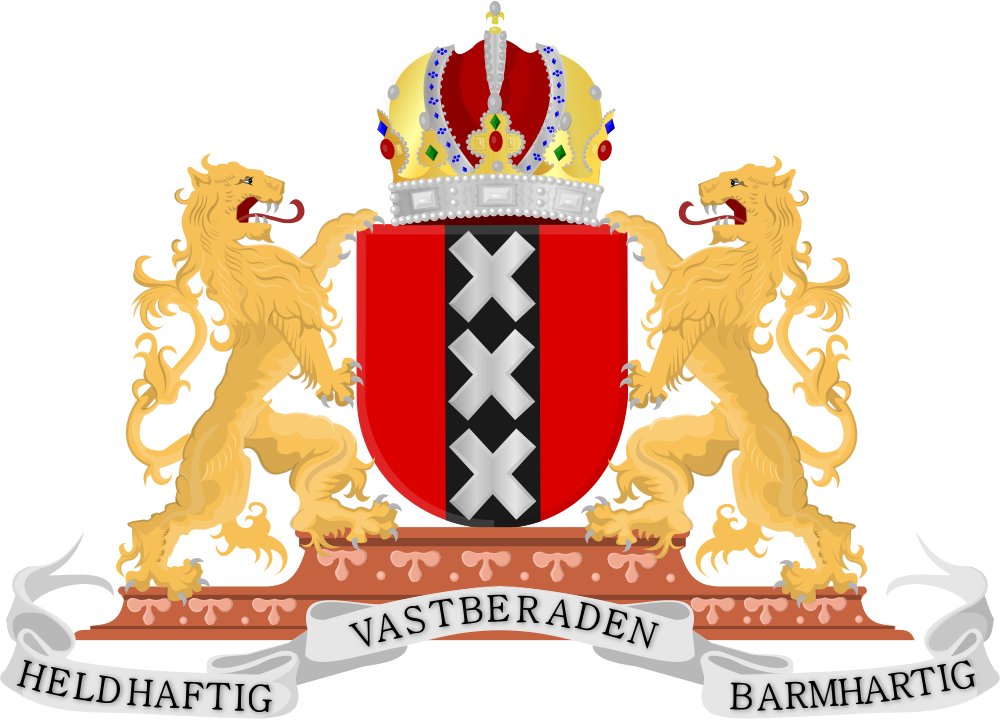 Amsterdam Coat of Arms with Lions and Crown Coat of arms of Amsterdam featuring two golden lions, a red shield with three silver crosses, and a royal crown on top