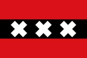 Flag of Amsterdam with three white crosses Flag of Amsterdam with three white Saint Andrew's crosses on a black horizontal band between red bands, symbolizing the city.