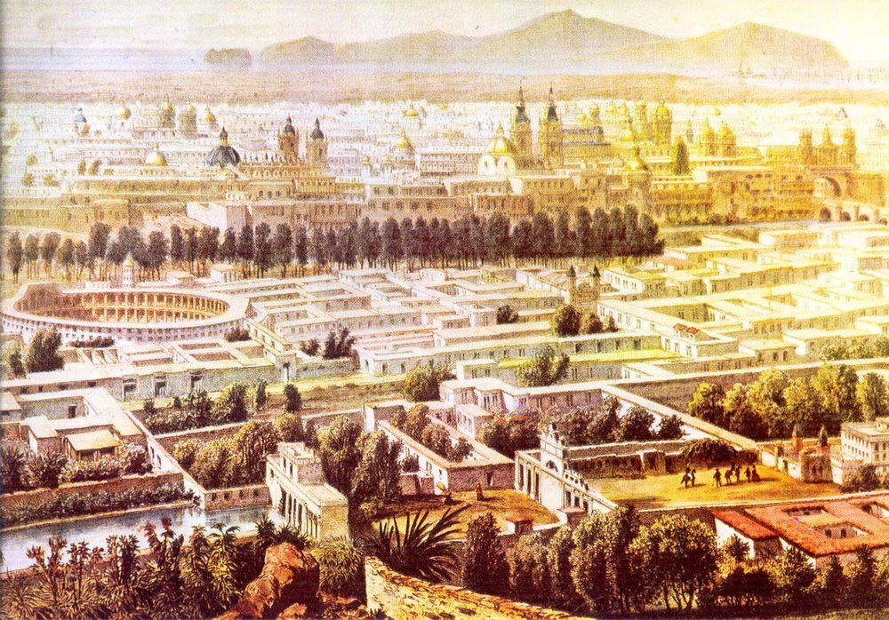Panoramic view of ancient city with classical buildings Historical panoramic view of an ancient city with classical architecture, domes, coliseum, and lush greenery