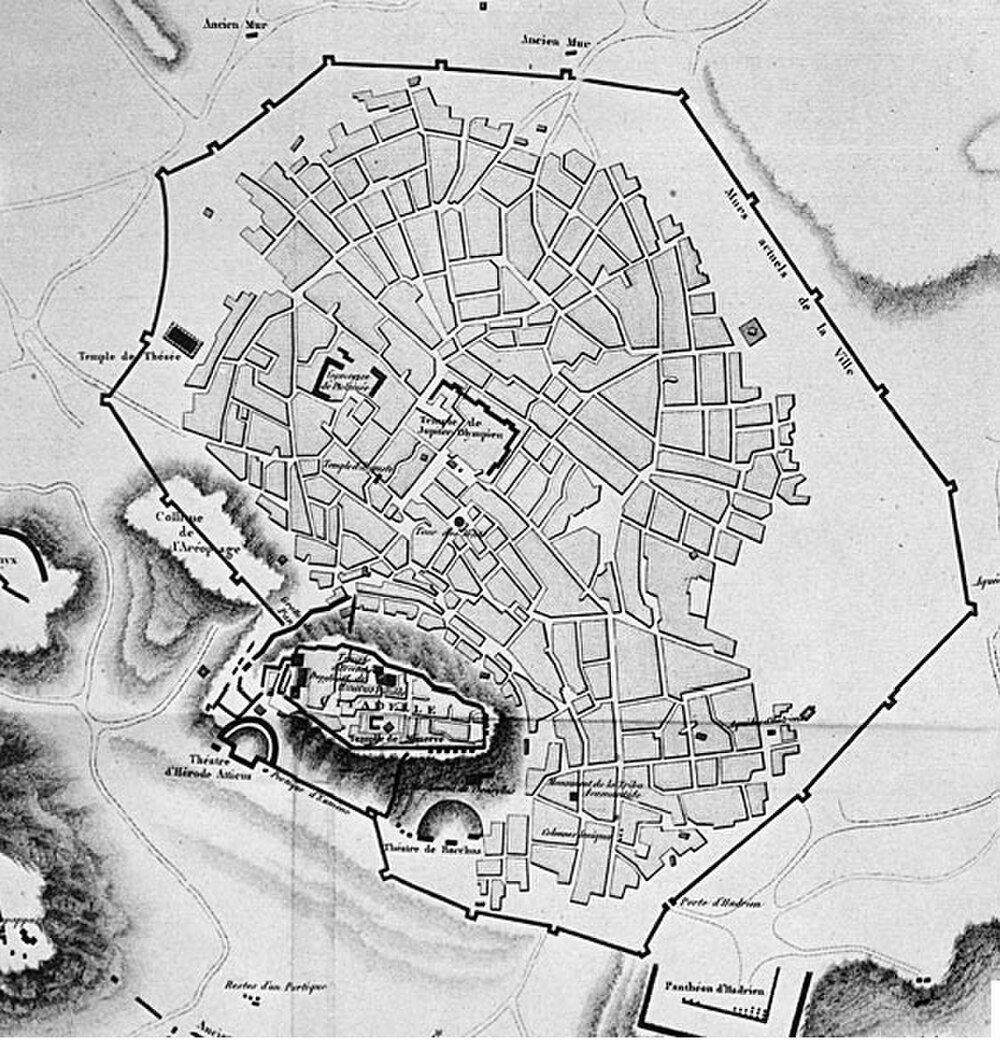 Ancient city map with temples and theaters Ancient city map showing detailed layout of streets, temples, theaters, and city walls with labeled landmarks