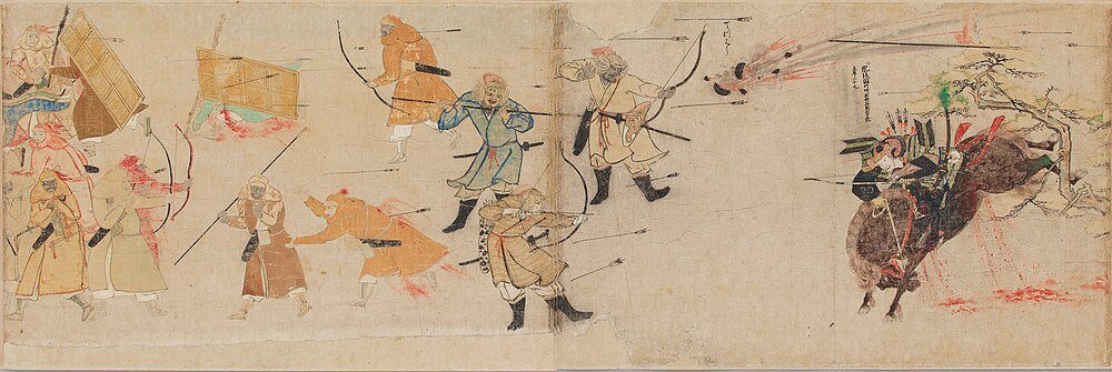 Ancient Japanese Battle Scene with Archers and Bull Ancient Japanese battle scene with archers and warriors attacking a charging bull, traditional samurai armor and weapons depicted