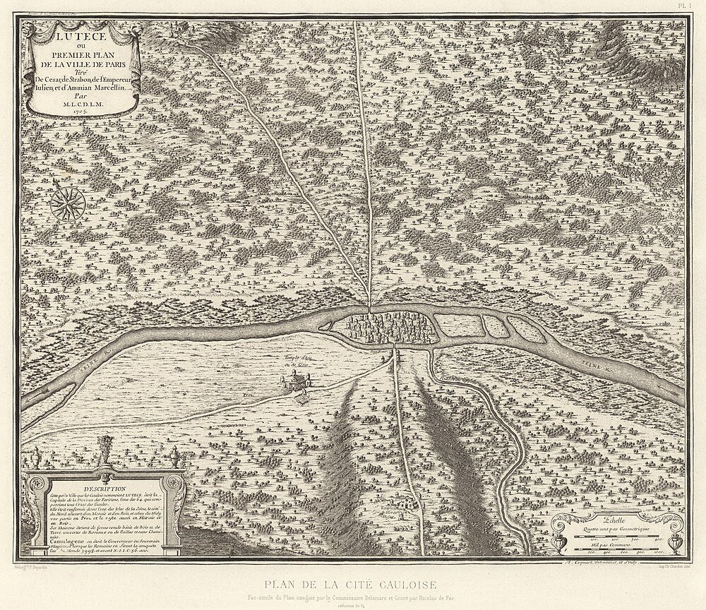 Antique Map of Lutèce, Ancient Paris 1754 Antique map of Lutèce, the ancient city of Paris, showing the Seine River and early city layout from 1754.