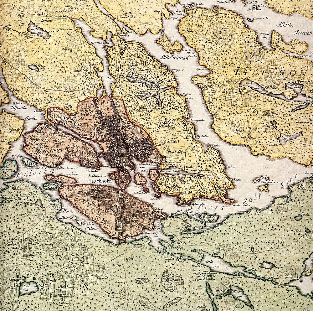 Antique detailed map of Stockholm and surrounding islands including Lidingon and Ulfunda Fjorden with historical landmarks