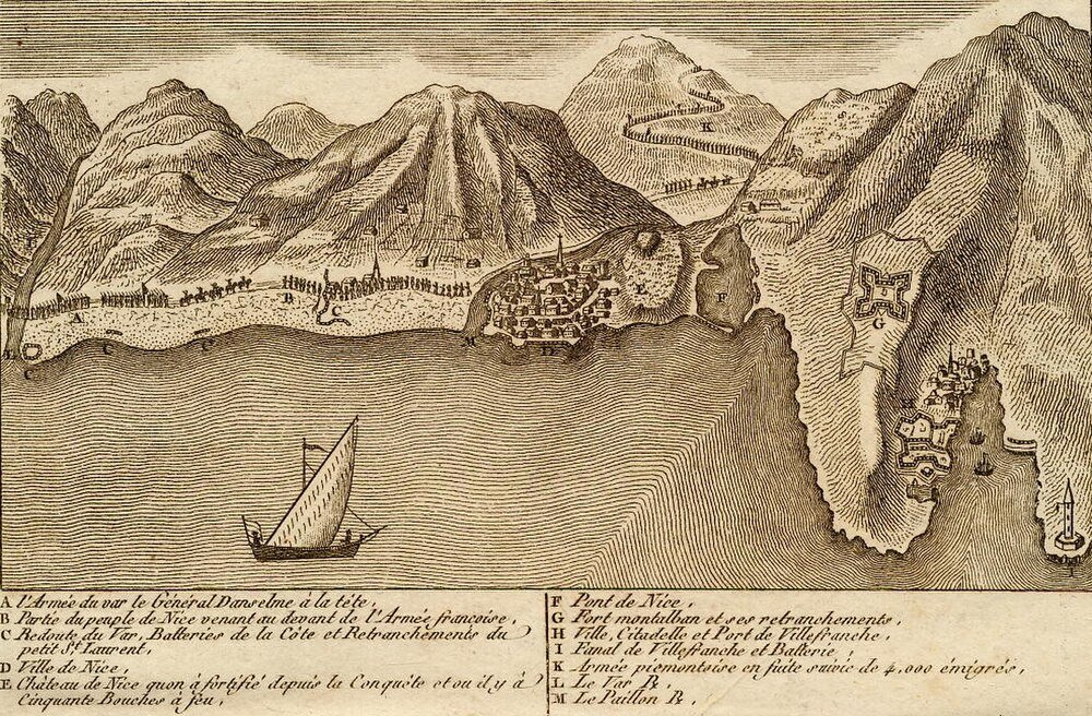 Antique map illustration of Nice coastline with mountains, fortifications, and a sailing ship in the sea, labeled in French