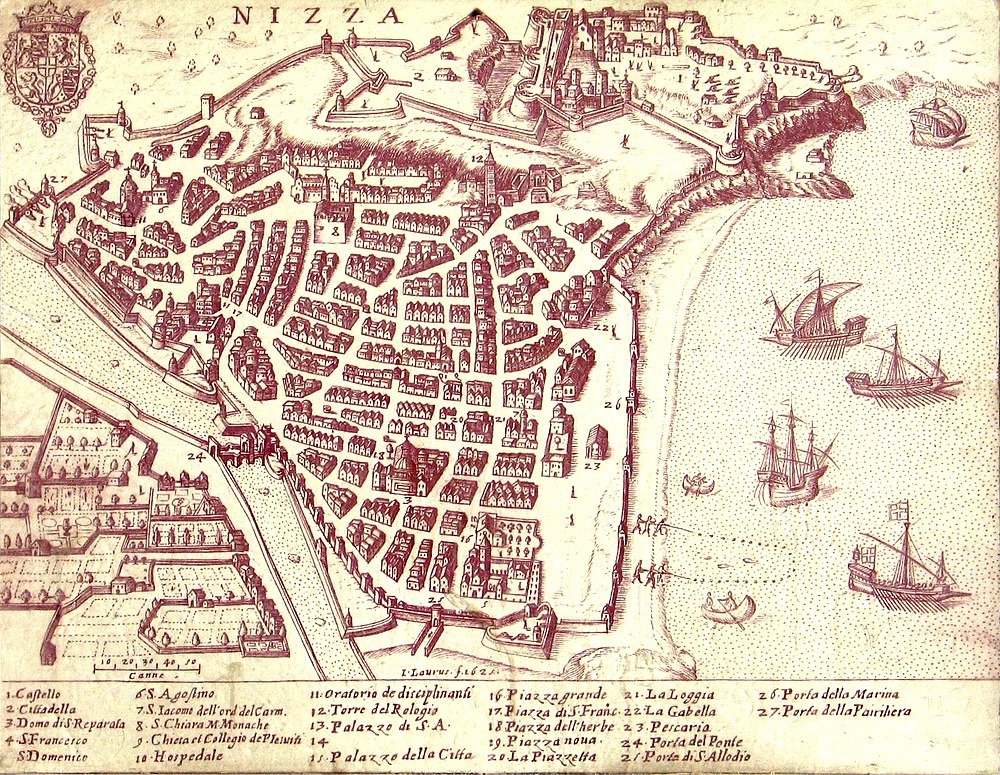Antique Map of Nizza City with Fortifications and Harbor Antique detailed map of Nizza city with fortifications, streets, buildings, and sailing ships in the harbor, historical illustration.