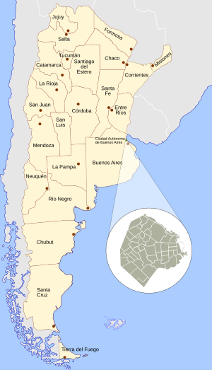 Argentina provinces map with Buenos Aires inset Map of Argentina showing all provinces and Buenos Aires city with detailed inset of Buenos Aires neighborhoods