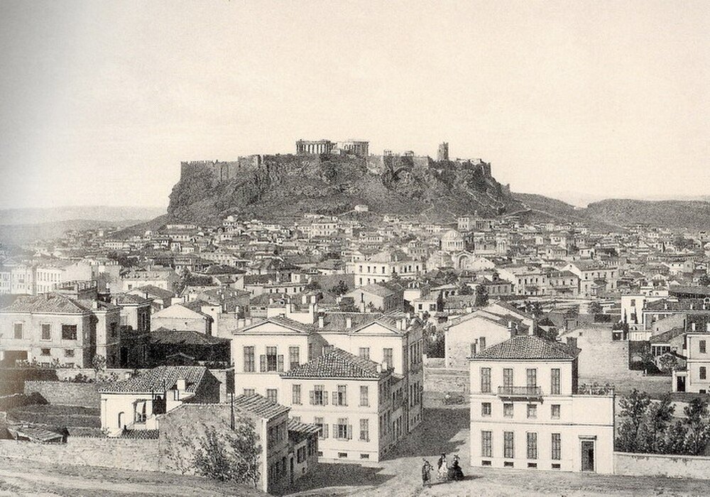 Vintage Athens cityscape with Acropolis and Parthenon Historic black and white panoramic view of Athens city with the Acropolis hill and Parthenon temple in the background
