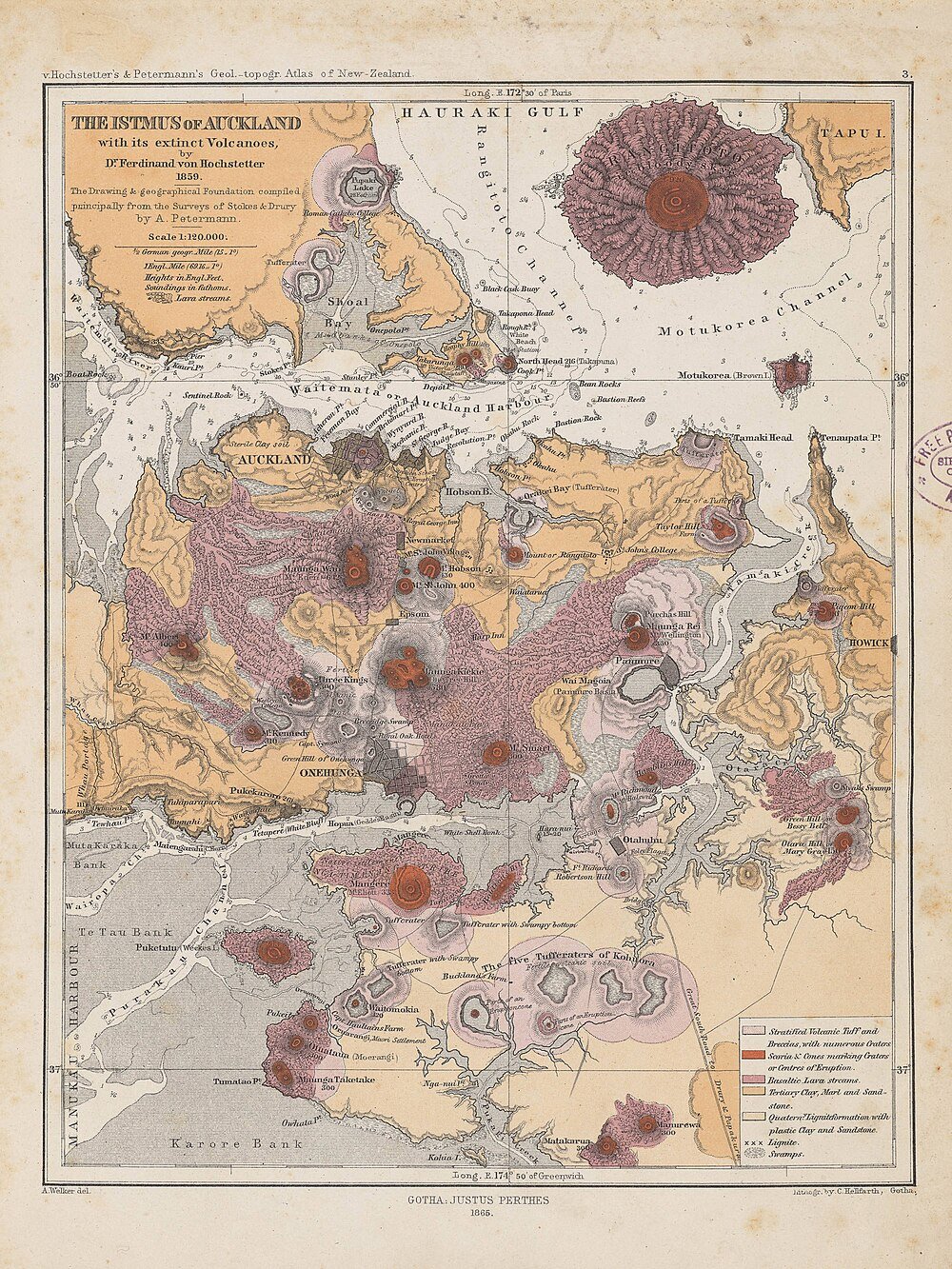 1865 Geological Map of Auckland Isthmus Volcanoes Detailed 1865 geological map of Auckland Isthmus, New Zealand showing extinct volcanoes, lava streams, and tuff craters