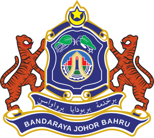 Official coat of arms of Bandaraya Johor Bahru featuring two tigers, a shield with local symbols, and Malay script.
