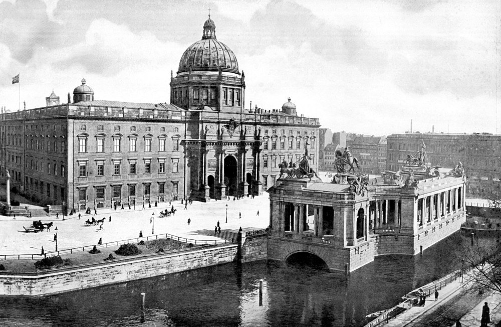 Historic Berlin Bode Museum and River Spree Historic black and white photo of Berlin's Bode Museum and river Spree with sculptures and classical architecture