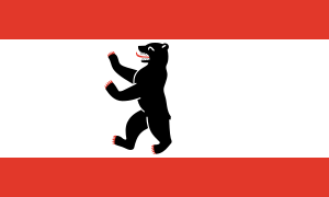 Flag of Berlin with Black Bear Emblem Flag of Berlin featuring a black bear on a white background with red horizontal stripes, symbolizing the German capital city.