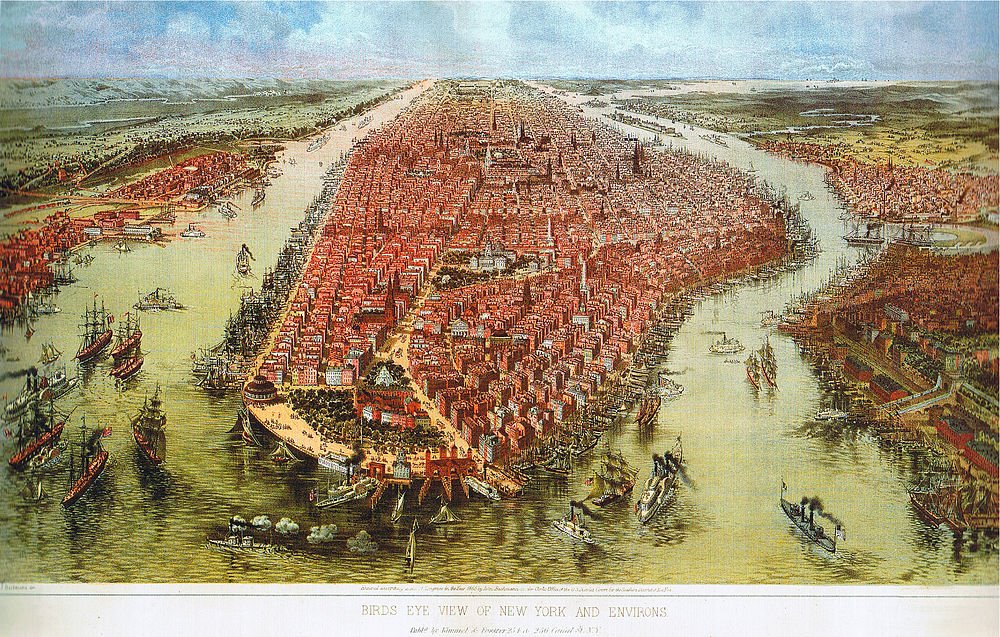 Birds Eye View of Historic New York City Birds eye view illustration of historic New York City with ships in surrounding waters and dense urban buildings