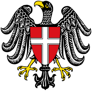 Black eagle with Milan city shield emblem Black eagle with yellow beak and claws holding a red shield with a white cross, symbol of the city of Milan, Italy