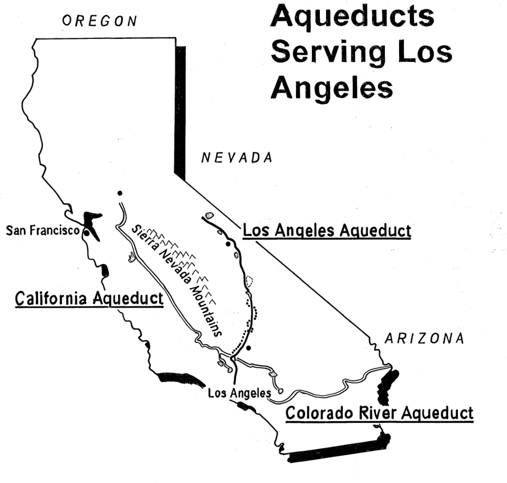 Map of Aqueducts Serving Los Angeles Map of California showing aqueducts serving Los Angeles including California Aqueduct, Los Angeles Aqueduct, and Colorado River Aqueduct