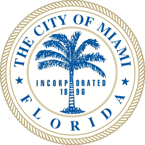 Official seal of the City of Miami Florida featuring a palm tree and incorporation year 1896 in blue and gold colors