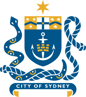 Coat of arms of the City of Sydney featuring anchor, star, and decorative elements symbolizing maritime heritage and governance