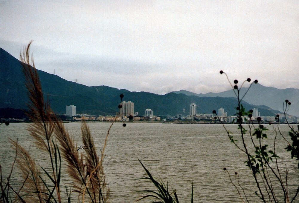 City skyline by water with mountains City skyline with tall buildings near a large body of water and mountains in the background under cloudy sky