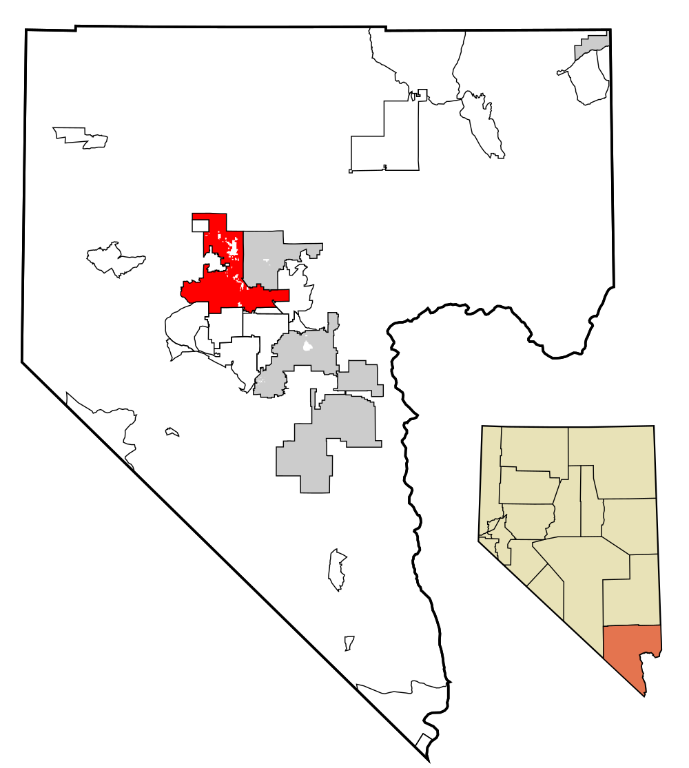Clark County Nevada map with highlighted area Map highlighting a specific area in red within Clark County, Nevada, showing detailed city boundaries and county location.
