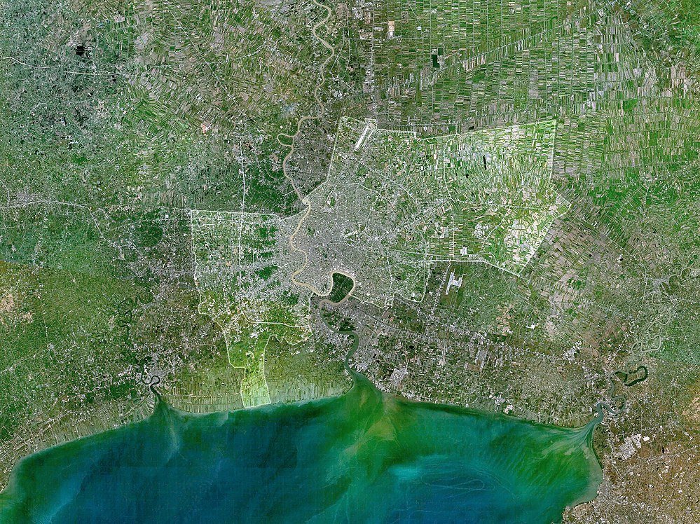 Coastal city satellite view with rivers and farmland Satellite image showing a coastal city with rivers, urban areas, and agricultural fields near a large body of water.