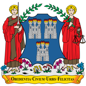 Coat of Arms with Flaming Towers and Female Figures Coat of arms featuring three flaming stone towers, two female figures in red robes holding a sword and scales, and a Latin motto
