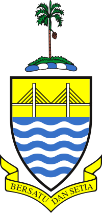 Coat of arms featuring a palm tree, a bridge over wavy water, and a banner with the motto Bersatu Dan Setia