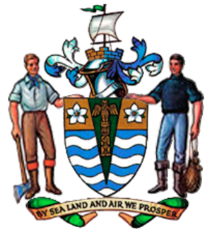 Coat of arms with sea, land symbols, and prosperity motto Coat of arms featuring two men holding a shield with waves, flowers, a totem, and a ship, symbolizing prosperity by sea and land.