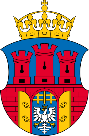 Coat of Arms with Three Towers and Crowned Eagle Coat of arms featuring three red towers, a crowned white eagle, and a golden crown on a blue and red shield background