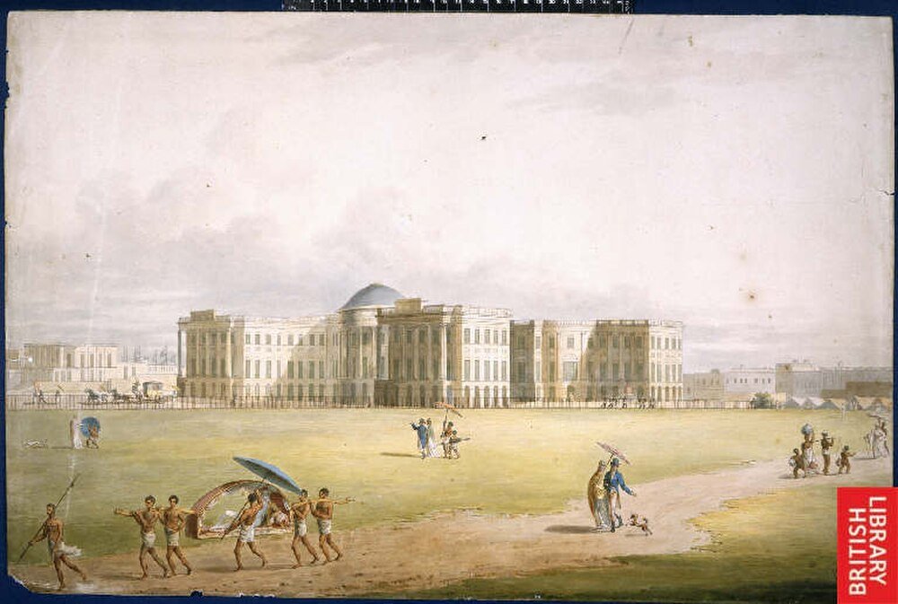 Colonial-era building with people and umbrellas Historic watercolor painting of a large colonial building with people and servants carrying umbrellas in an open field