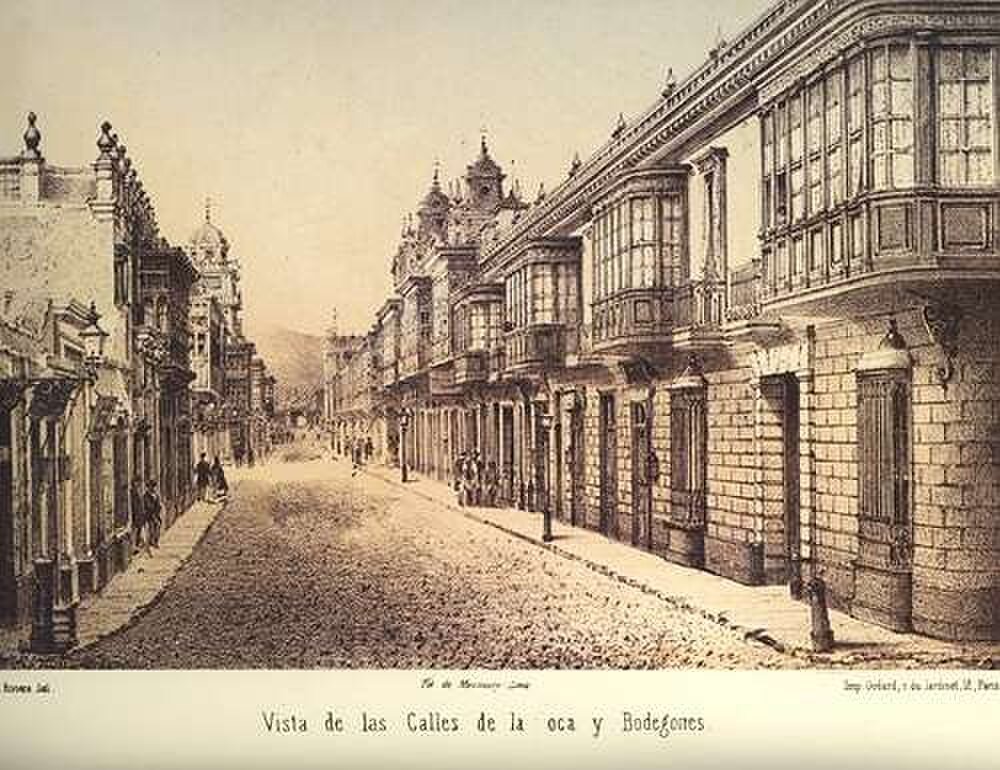 Colonial Street View with Balconies and Cobblestones Historic sepia street view of colonial architecture with balconies and cobblestone road in Latin American city