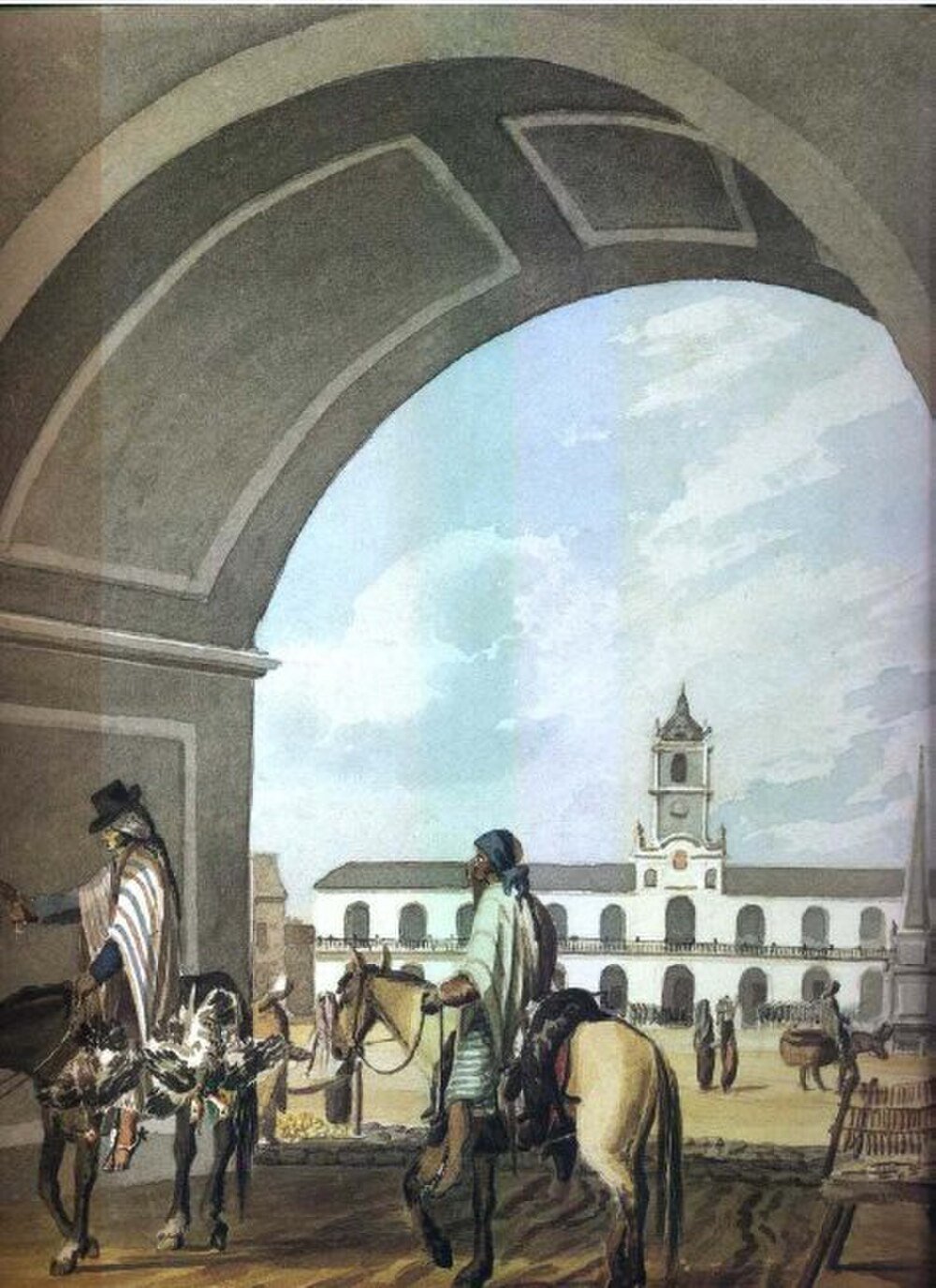 Colonial town square with men on horseback Historical painting of two men on horseback under an archway in a colonial town square with a clock tower and people in the background