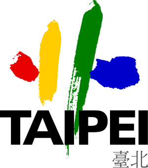 Colorful abstract brush strokes in red, yellow, green, and blue with Chinese characters and Taipei text below