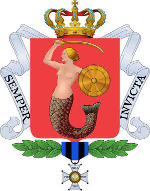 Crowned Mermaid Coat of Arms with Semper Invicta Motto Coat of arms featuring a crowned mermaid with a sword and shield, surrounded by a ribbon with Latin motto Semper Invicta.